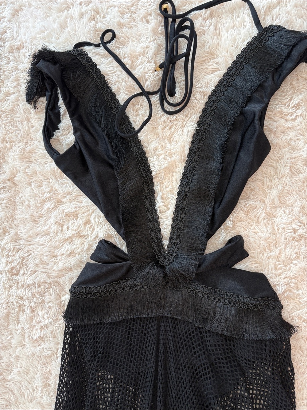 Pat Bo Camila Beach Dress Black Deep V Fringe One-Piece Swimsuit underneath